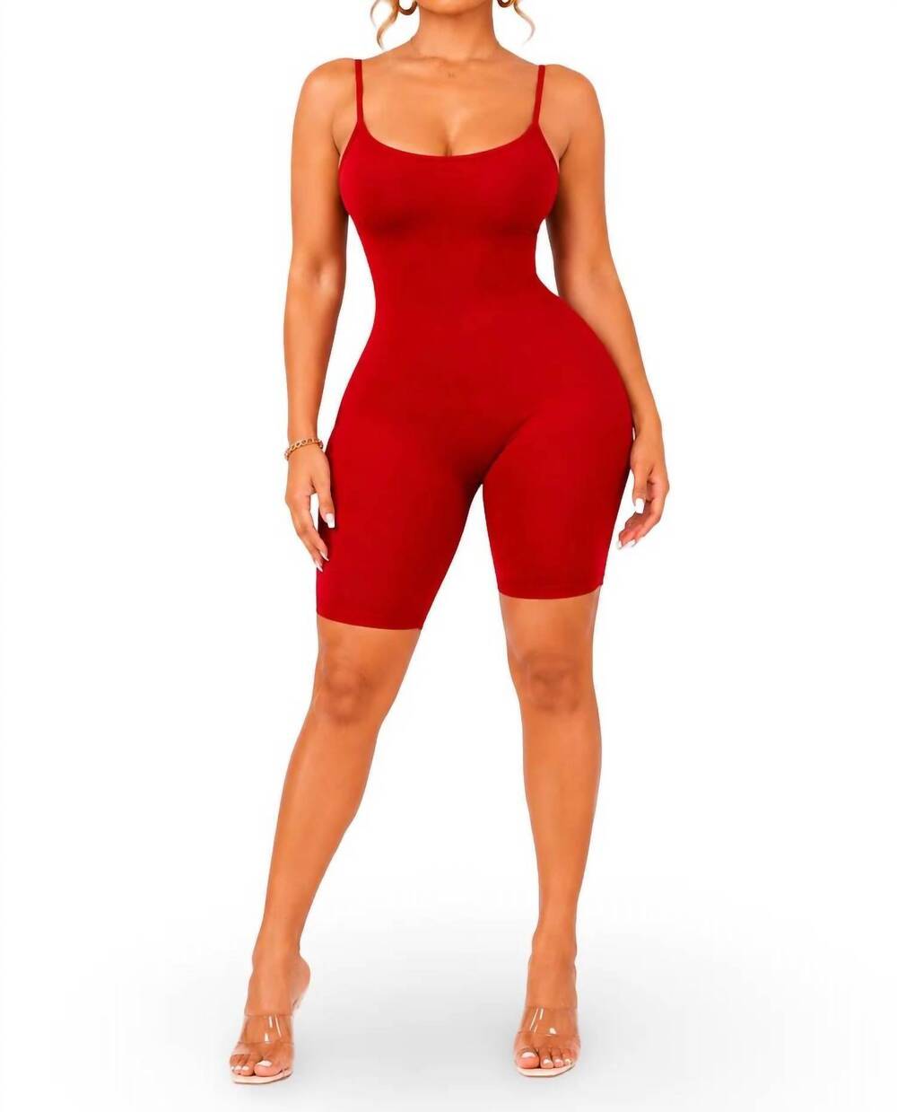 NEW JNK just because basic stretch bodycon spaghetti strap bermuda romper in red